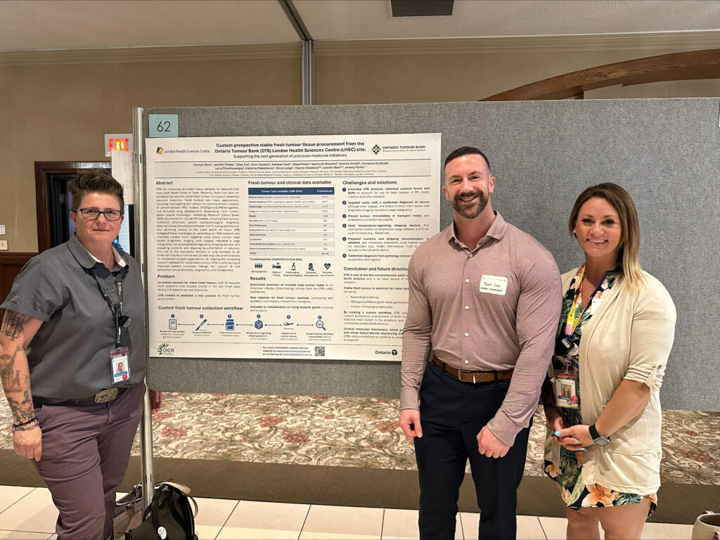 Three people standing in front of a poster